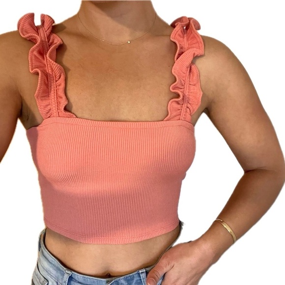 Zara Ruffled Crop Top in Coral - Picture 1 of 7